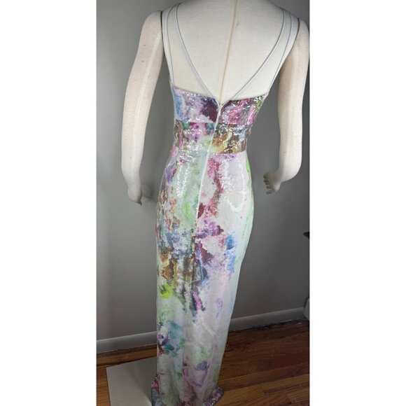 NWT Theia Watercolor Sequin Gown Size 4 Bodycon Column Maxi Dress Muted Colors - Picture 9 of 16
